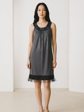 Express Charcoal Beaded Neck Fringe Hem Dress Medium Cocktail Flapper Chic